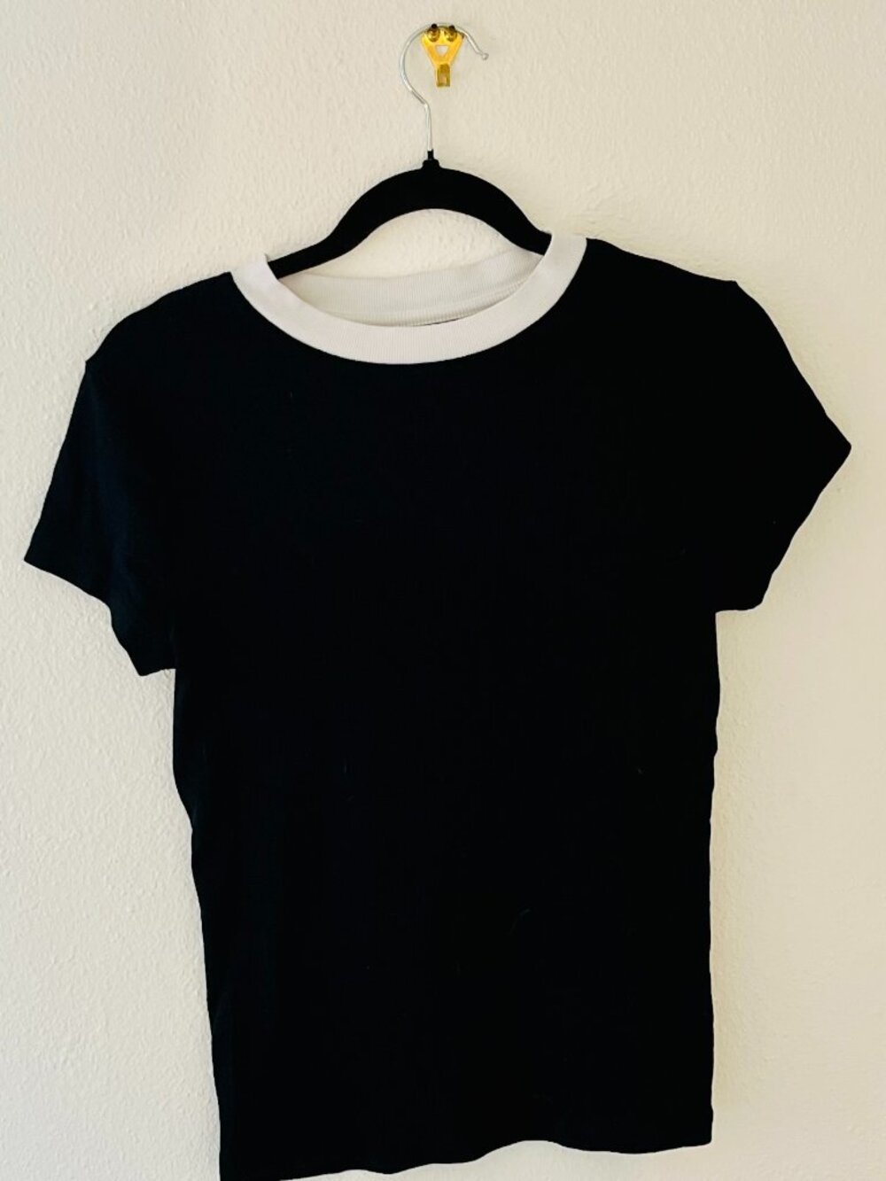 Black White Ringer Baby Tee - Retro 90s Y2K Fitted Top - S / M